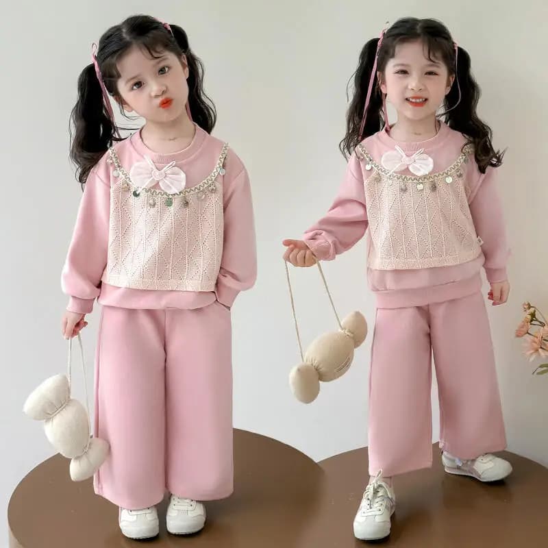 Girl Spring Hoodie Two-Piece Set Autumn Pullover Straight-Leg Pants Tops Sportswear Child Student Kawaii Fashion Casual Clothing