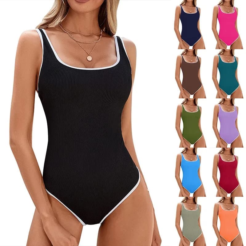Women's Sleeveless Color Block Ribbed Tankini Swimsuit for Swimming Running – Trendy Tankini Woman Beachwear Tankinis Dames