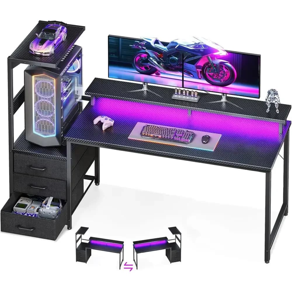 Scrivania da Gaming Illuminata a LED 59 Pollici con Superficie Reversibile, Ripiani Portaoggetti e Supporto per Monitor - Nera