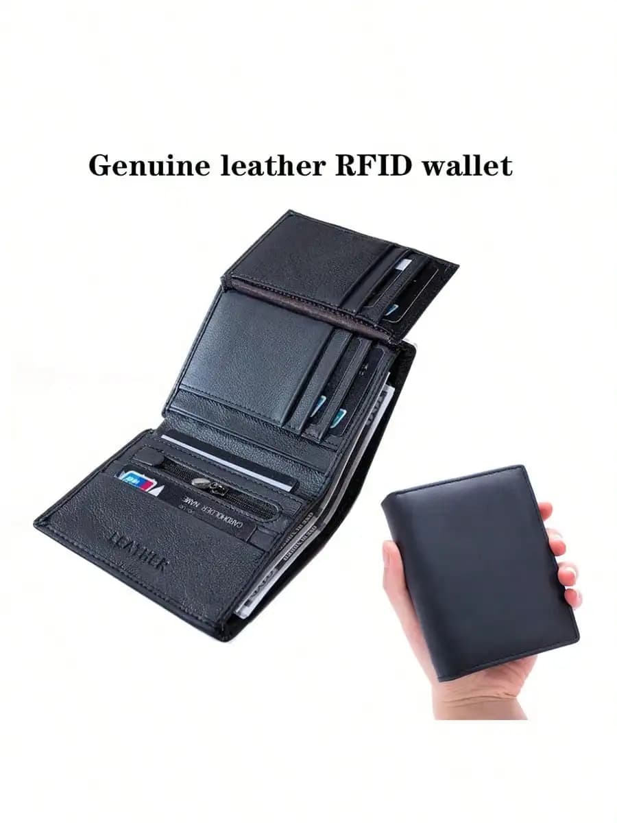Portafoglio Trifold in Vera Pelle per Uomo/Donna con Blocco RFID e Portamonete con Cerniera