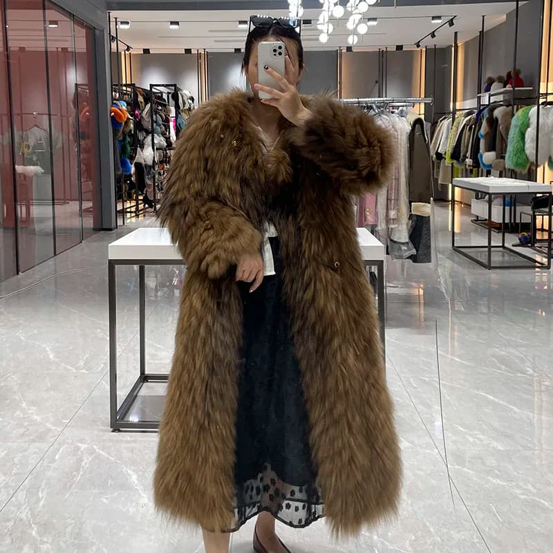 Women Winter Real Raccoon Fur Jacket Long Coat Thick Warm Natural Fur Coat Lady Outerwear Fashion Jacket JFB2-24004