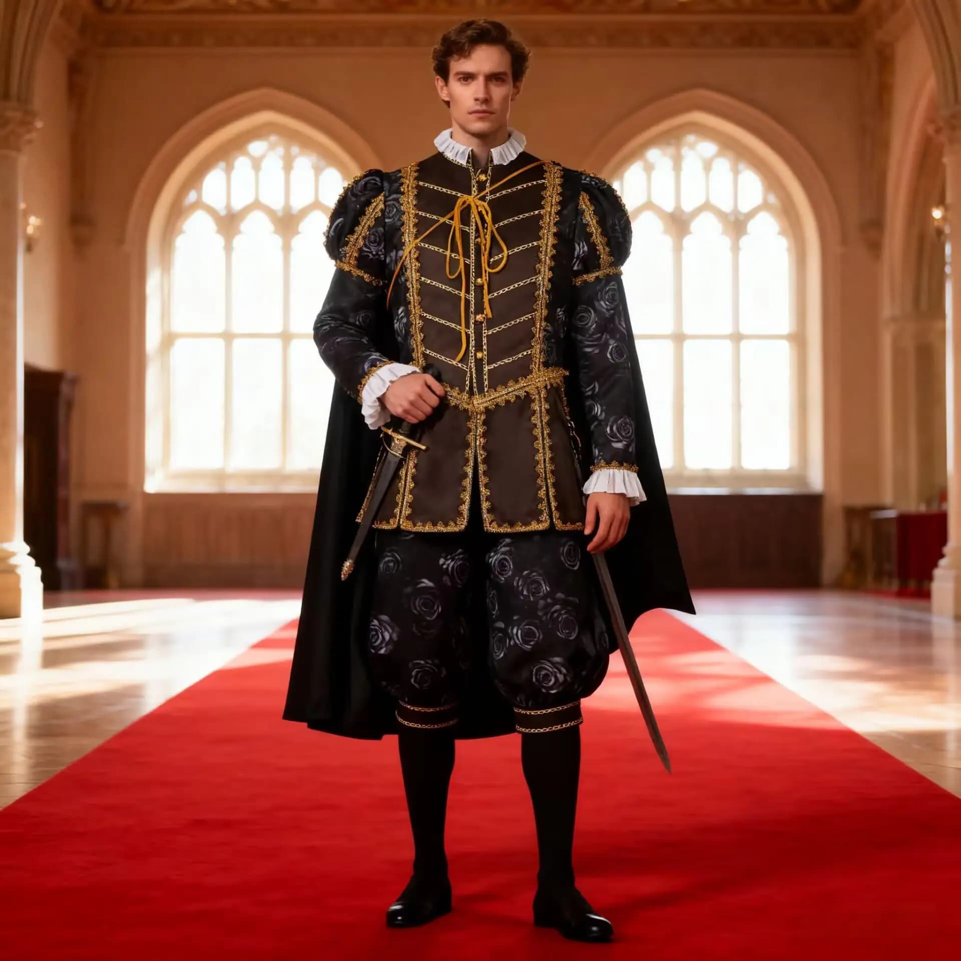 Costume da Re Elisabetta Stampato per Uomo, Abito Reale della Dinastia Tudor, Costume da Nobile Vittoriano per Cosplay e Spettacoli Teatrali