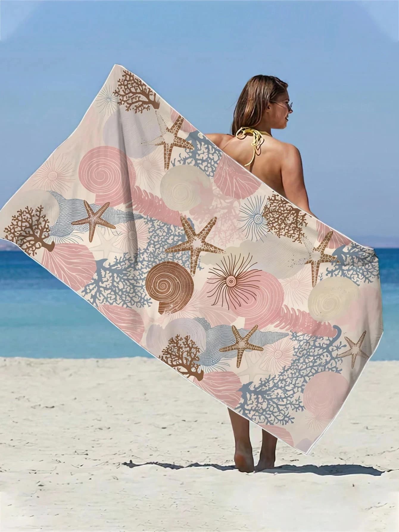 Asciugamano da spiaggia ad asciugatura rapida, 1 pezzo, stampa colorata con conchiglie, stelle marine e coralli, tappetino multifunzionale grande per yoga, viaggi, campeggio, nuoto