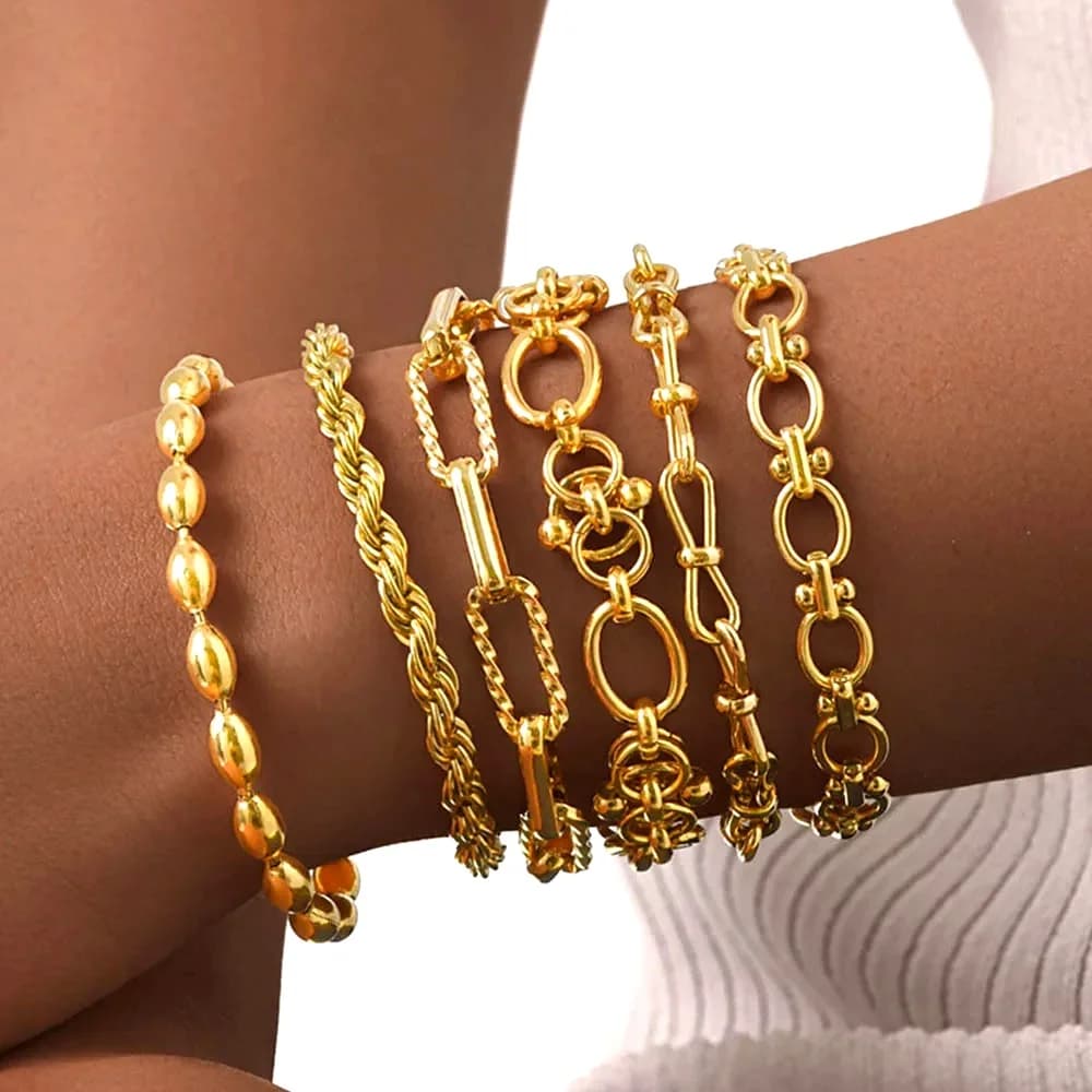 Chunky Stainless Steel Link Chain Bracelet For Woman, Gold Plated Layering Bracelets Wristband Waterproof Jewelry