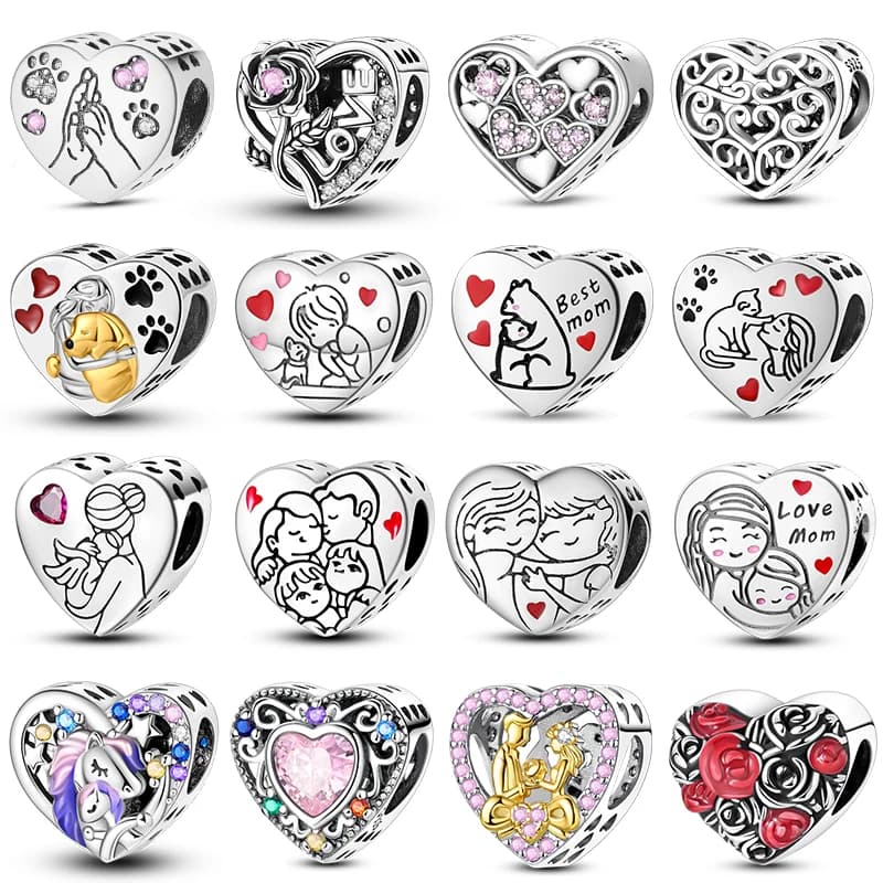 Original Sterling Silver 925 Series Heart Pendant, Dog Shape Pendant, Love Heart, Cat, for Bracelets and Bangles, Women's Jewelry, Gift