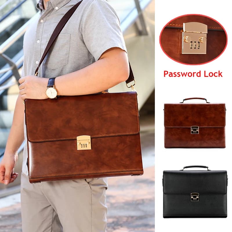 Luxury Leather Briefcases For Men Executive Business Office Notebook 14 Inch Laptop Handbag Shoulder Square Side Crossbody Bag