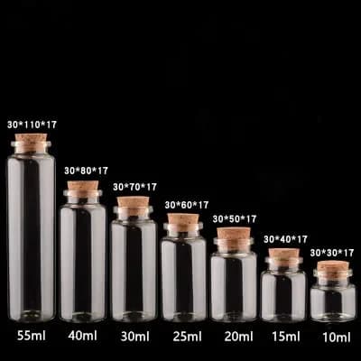 24 pezzi 10ml 15ml 20ml 25ml 30ml 40ml 55ml Simpatiche bottiglie di vetro trasparente con tappo in sughero Bottiglie vuote di spezie Barattoli Fiale artigianali fai da te