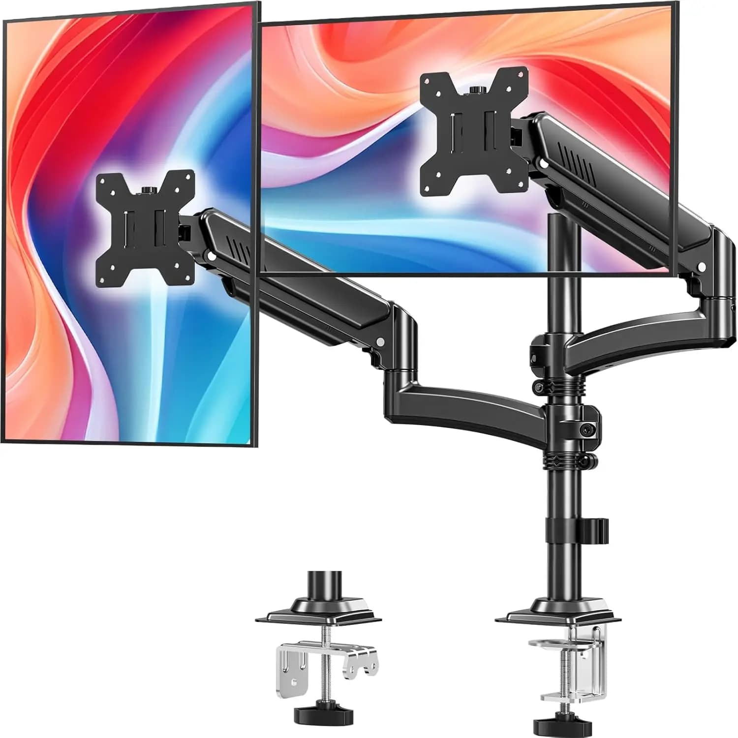 Supporto per Doppio Monitor per 2 Schermi fino a 32'', Impilamento Verticale, Movimento Completo, Ogni Braccio Sostiene 2-10 kg, VESA 75/100mm, Nero