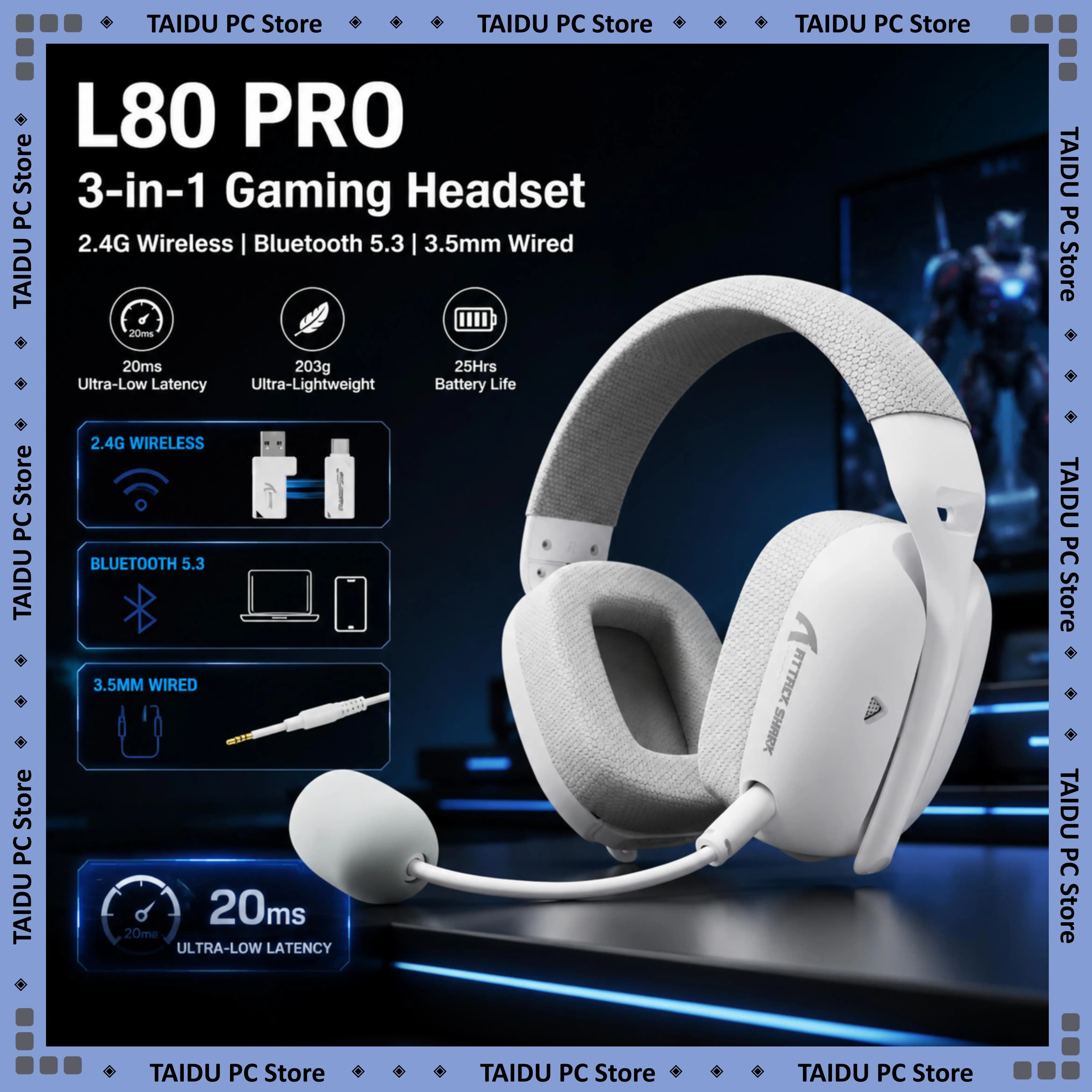 Cuffie da Gaming Attack Shark L80 PRO 3-in-1, 2.4G Bluetooth 5.3, Cablate 3.5mm, Hi-Fi 40mm, Latenza Ultra Bassa 20ms