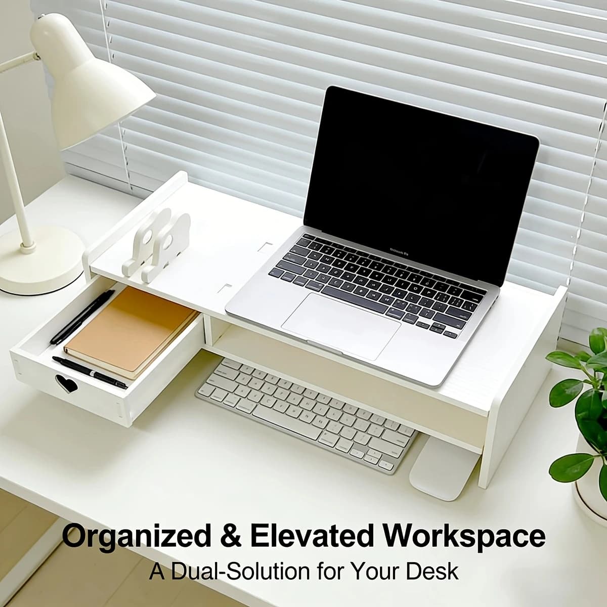 2-Tier Monitor Stand Riser with Drawer, Desktop Heightening Holder, Computer Screen Shelf, Desk Storage Organizer for Space Savi