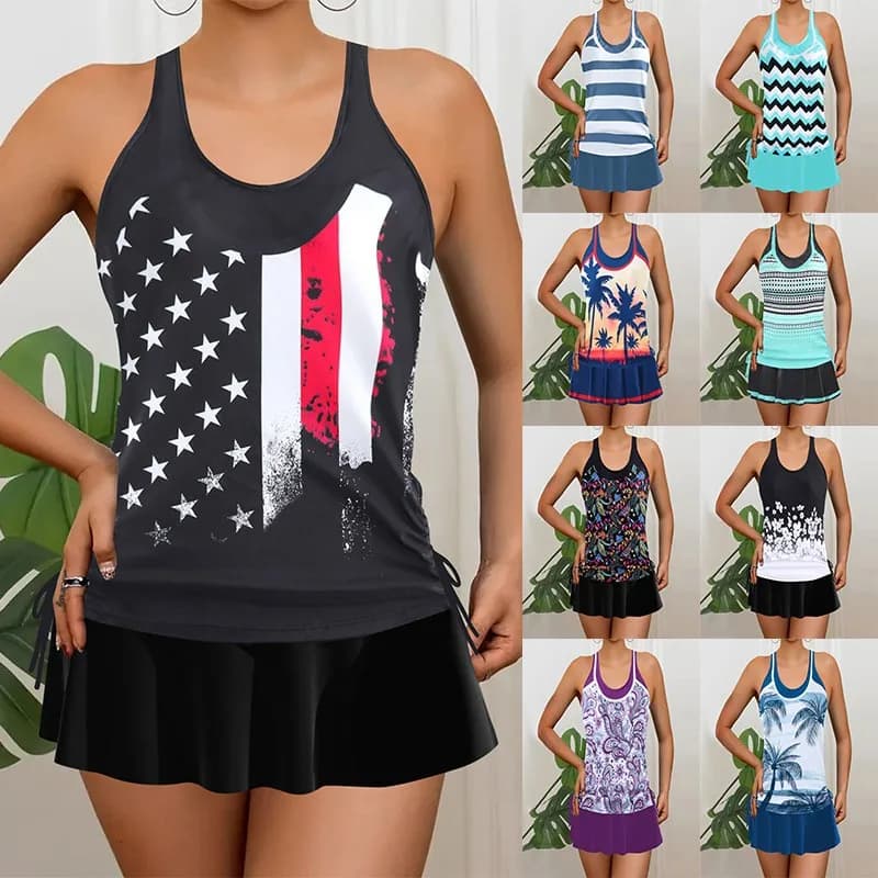 Swimwear Women Bikini Tankini Plus Size Sleeveless Side Tie Bikinis Striped Solid Color Swimsuit Mini Swim Skort Two Piece