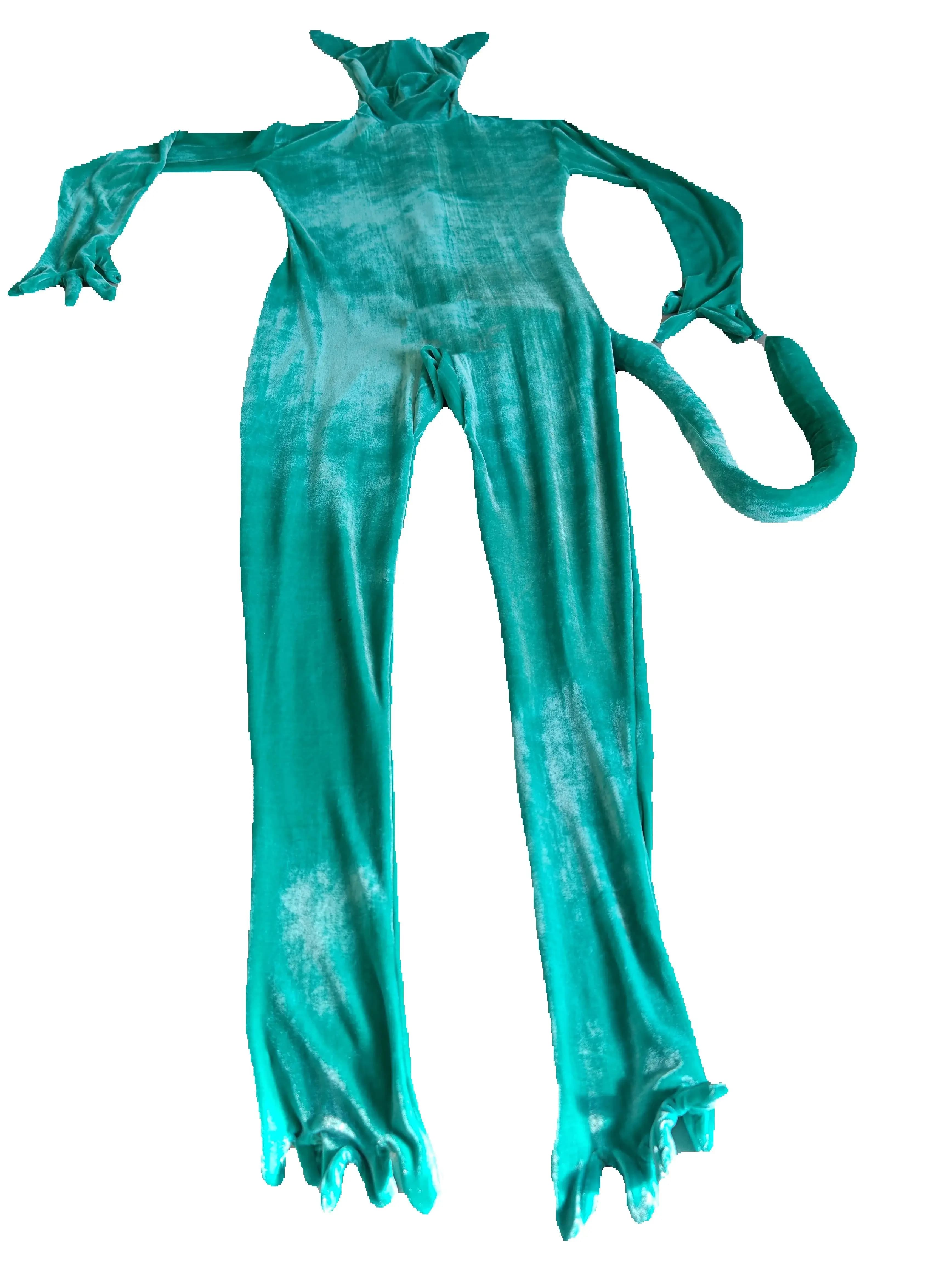 Customized Halloween Anime Cosplay Costume Green Velvet Jumpsuit With Ears And Tail Full Bodysuit Zentai Suits Fancy Dress