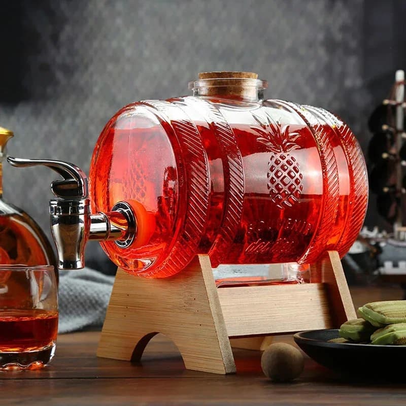Classic fashion home barware leadless wine decanter whiskey glass barrel with wooden support for Scotch Bourbon liquor