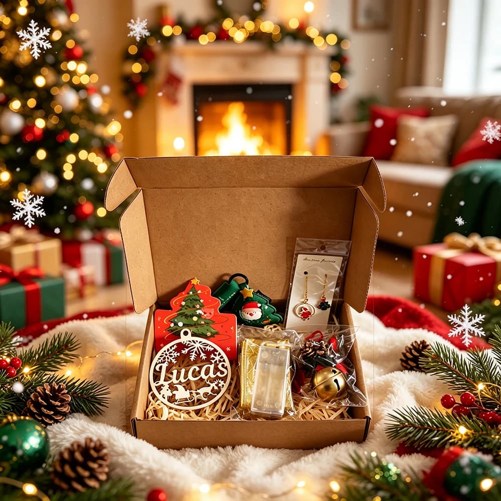 Personalized Name Wooden Christmas Baubles Customizable Gift Set with LED Light Strip Xmas Bookmark Keychain Bell Card for Tree