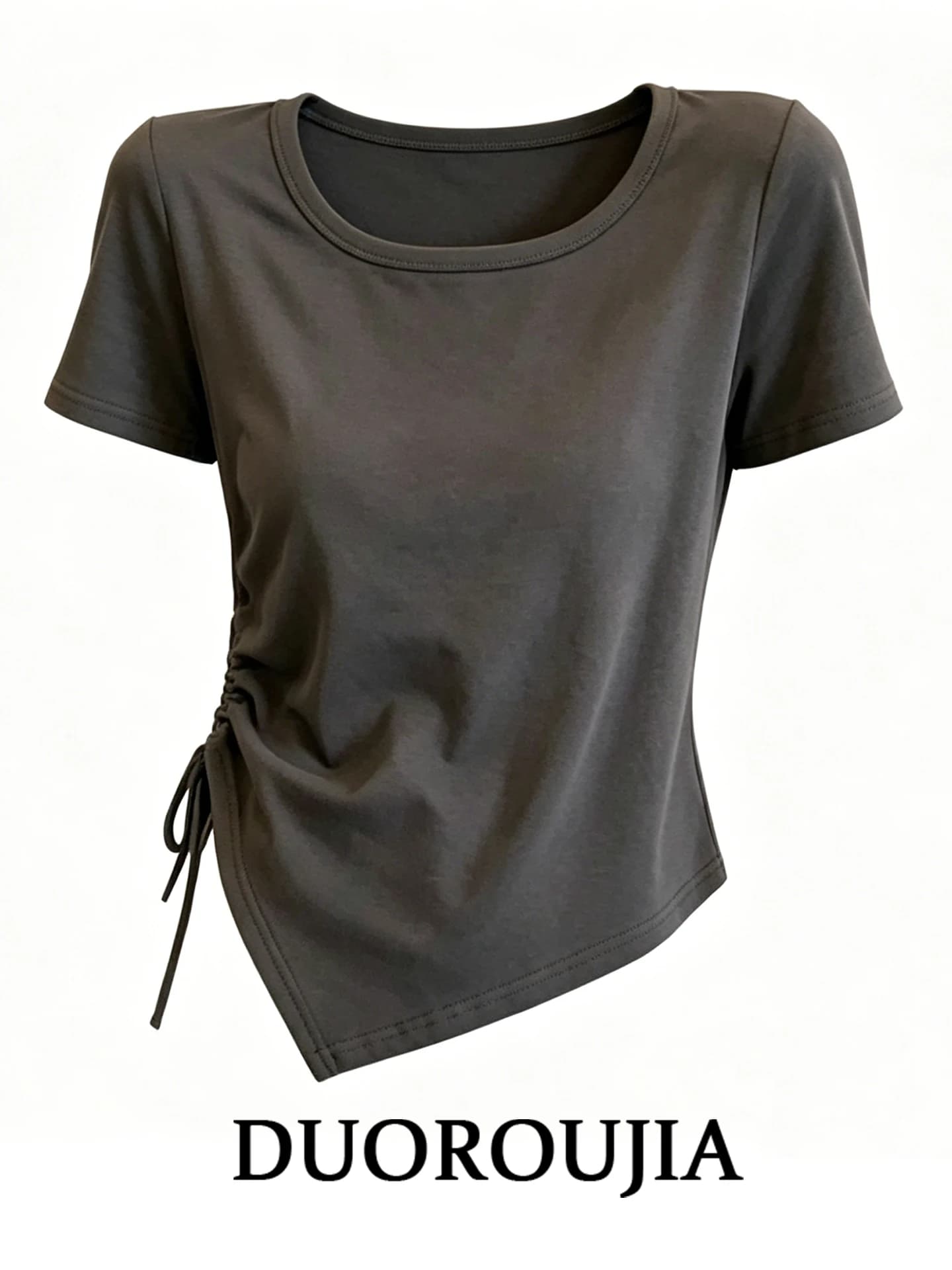 plus Size Korean Style round Neck Short Sleeve T-Shirt Women Summer Slimming Top Drawstring Asymmetrical Belly Covering