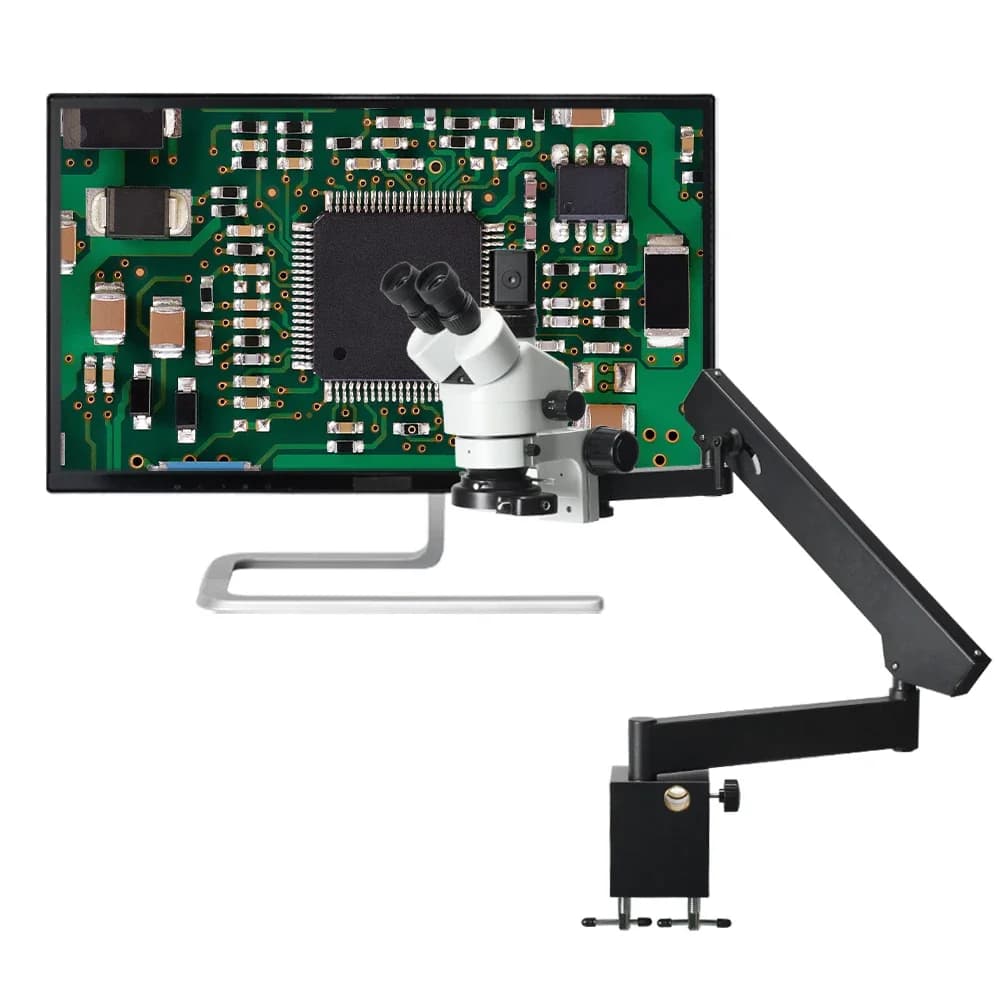 Foto reale Microscopio 3.5X-45X Videocamera digitale da 24 MP Braccio articolato Zoom Stereo trinoculare con morsetto per