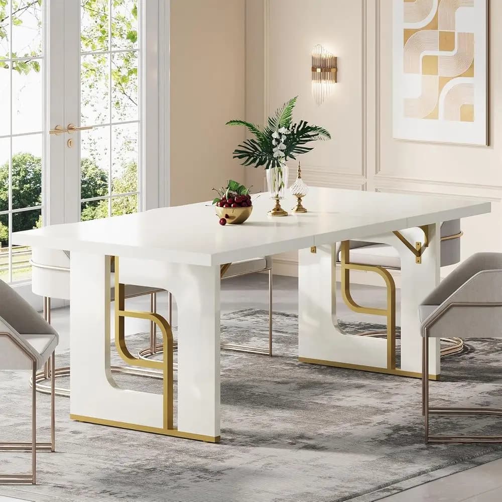 Elegante Tavolo da Pranzo 71 per 6-8 Persone, Adatto per Cucina o Sala da Pranzo, Gambe in Metallo, Finitura Beige e Oro