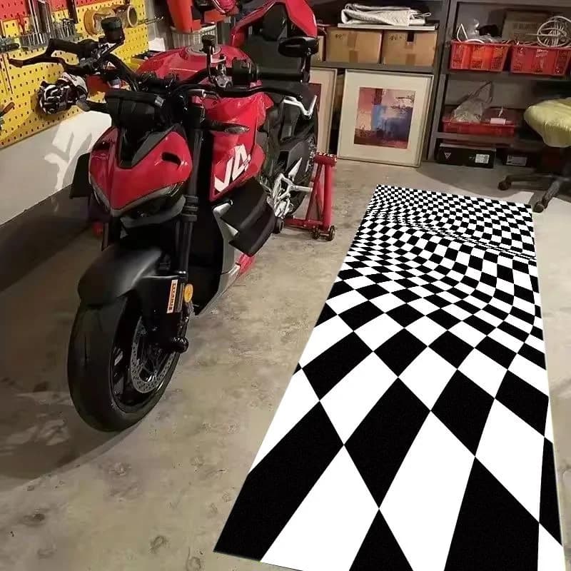 VIKAMA Black White Checkered Race Flag Pit Mat Anti Slip Rug For Garage Motorbike Parking Workshop Moto Display Carpet