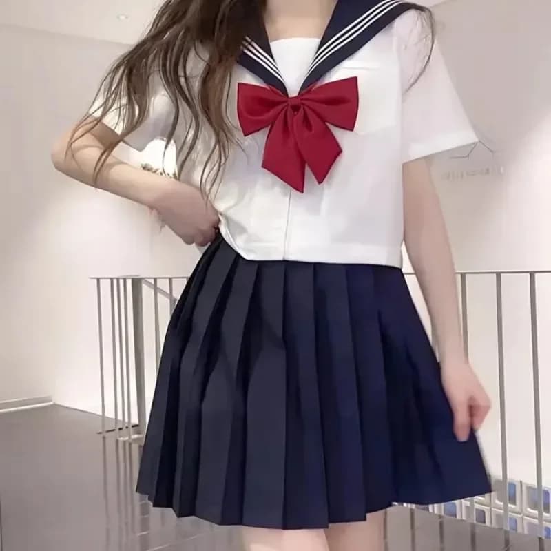 Hot Japanese School Uniform Girl Jk Suit Sexy Spring and Autumn Red Tie White Three Basic Sailor Uniform Women Long Sleeve Suit