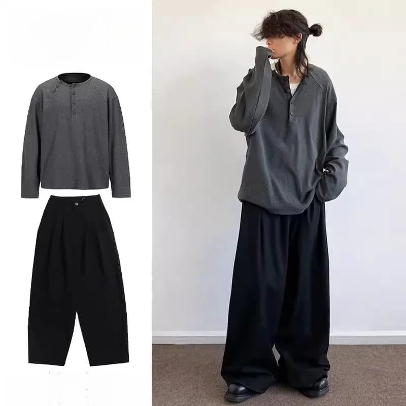 Set of long sweatshirts Men's Sve Basic colour T-shirt Set of two pieces in Japanese retro polyester fiber Sle