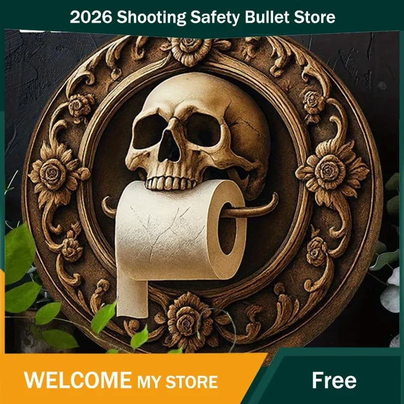 2D Flat, 1pc Gothic Skull & Floral Aluminum Wall Art - Rustic Round Metal Sign with Toilet Paper Holder, Dark Aesthetic Decor