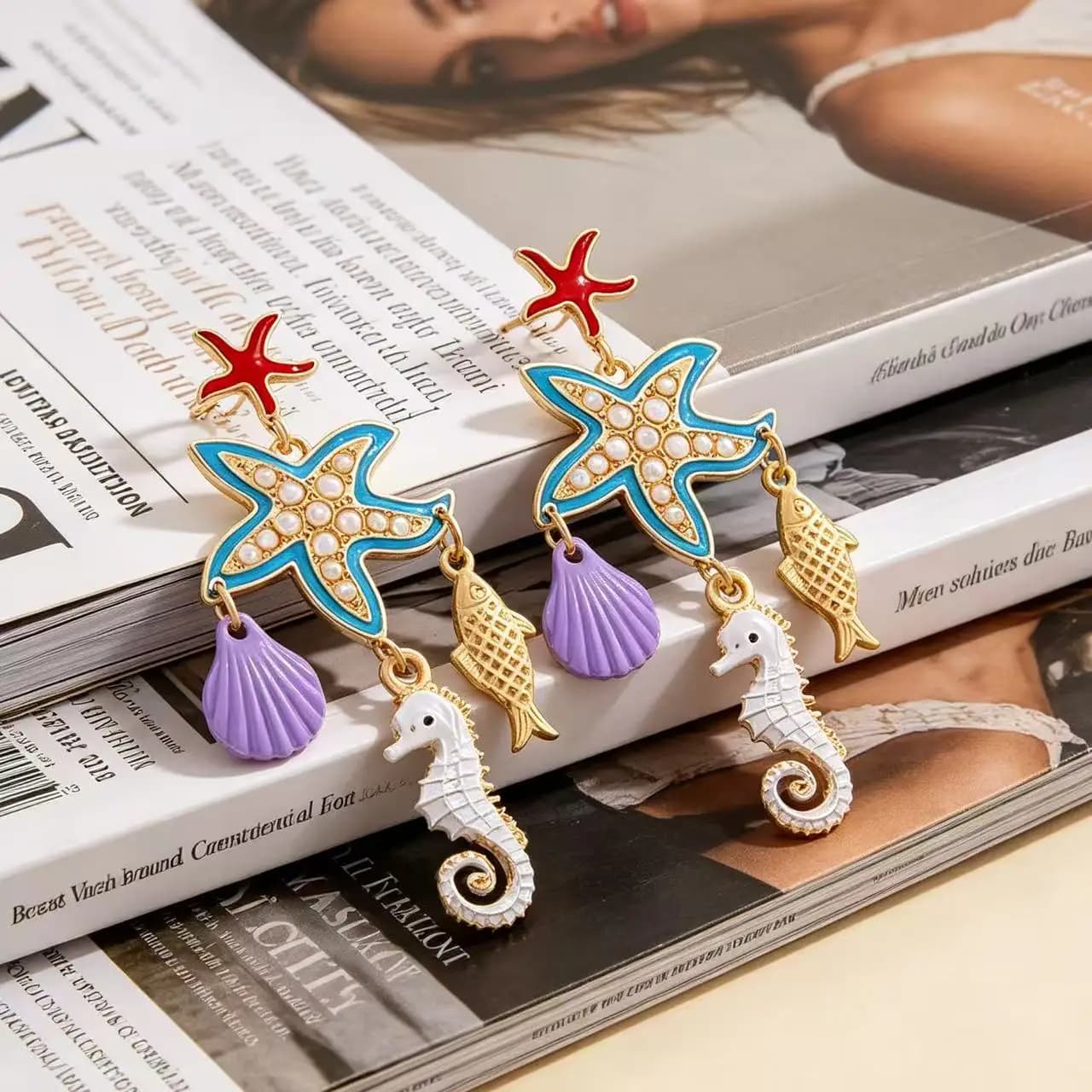 Exaggerated Design Starfish Seahorse Multi-layered Animal Element Earrings