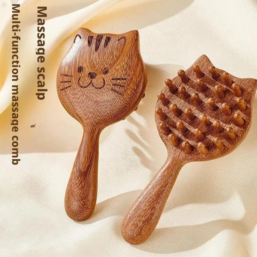 Spazzola per massaggio del cuoio capelluto del gattino Pettini meridiani del cuoio capelluto del cuoio capelluto del legno di sandalo del fumetto Uso domestico Massaggio del corpo Pettine raschiante Guasha