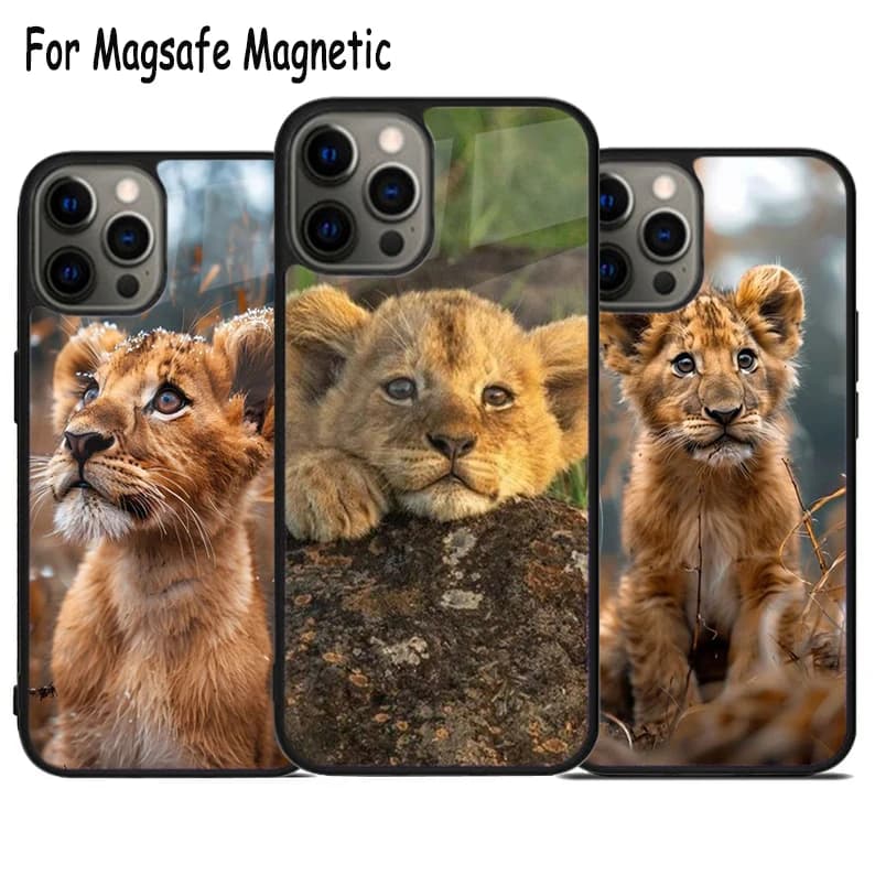 Cover Magnetica Magsafe per iPhone 17 Air 15 16 16e 14 13 11 12 Pro Max Plus con Design Animali dello Zoo e 1 Cucciolo di Leone