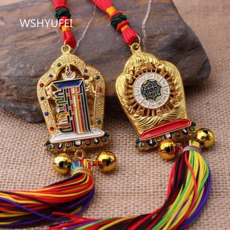 Tibetan Kalachakra Amulet Pendant Ten Powerful Symbols Car Hanging Ornament Colorful Tassel Bell Religious Protection Charm