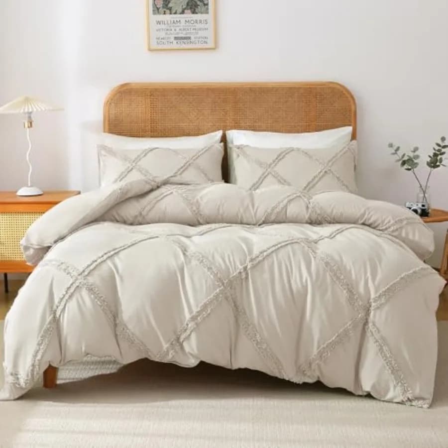 Boho Beige Cover - Quilted Cover Set with Geometric Jacquard Patterns, Queen Size with Angles and Hinge