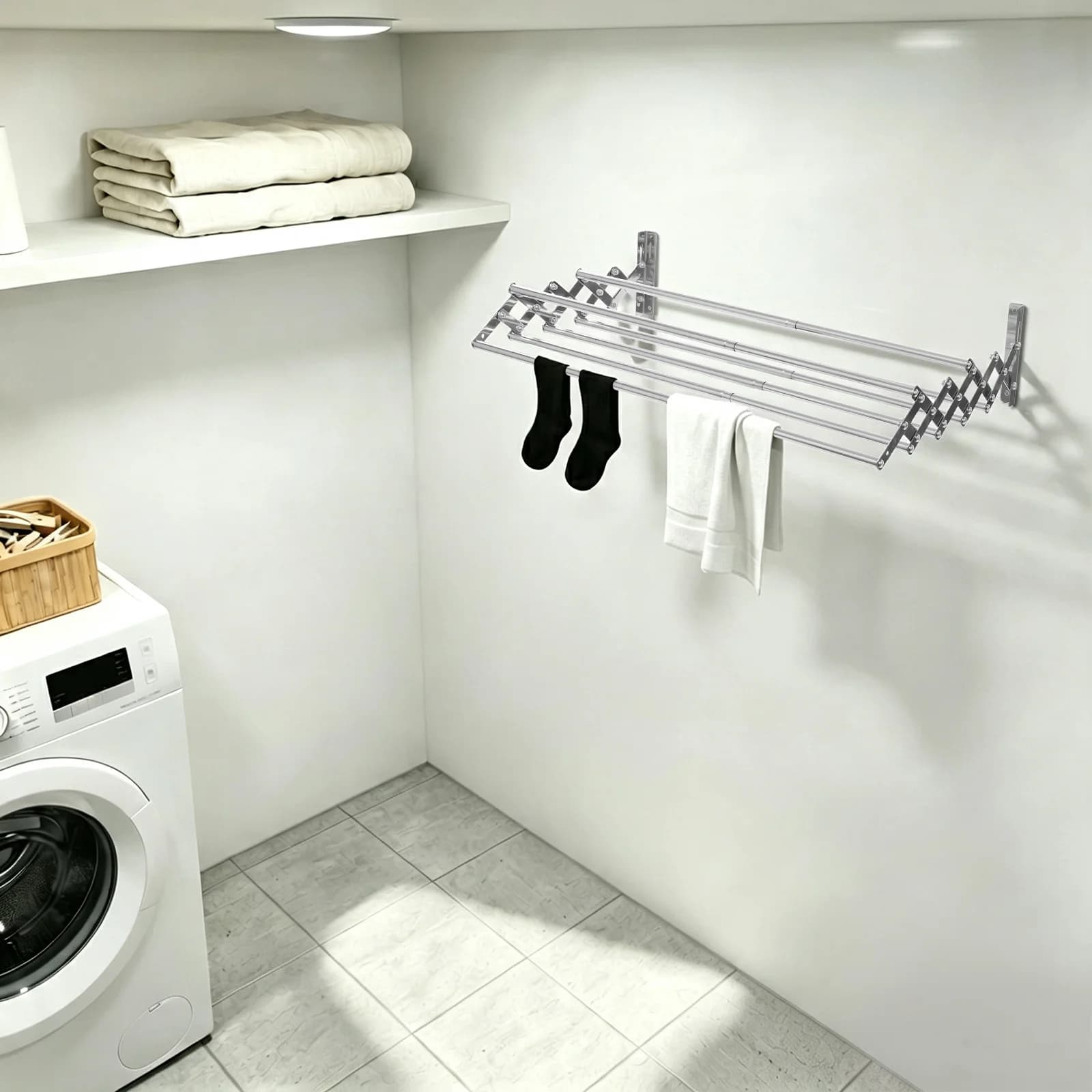 Foldable Wall Clothes Drying Rack, 7 Extendable Rods Stainless Steel, Heavy Duty Laundry Hanger for Balcony, Bathroom, Closet Organizer