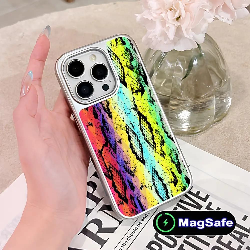Cover per iPhone con Texture Serpente Placcata Argento, Compatibile Magsafe, per iPhone 17 16 15 14 13 12 11 Air Pro Max Plus, Custodia Colorata