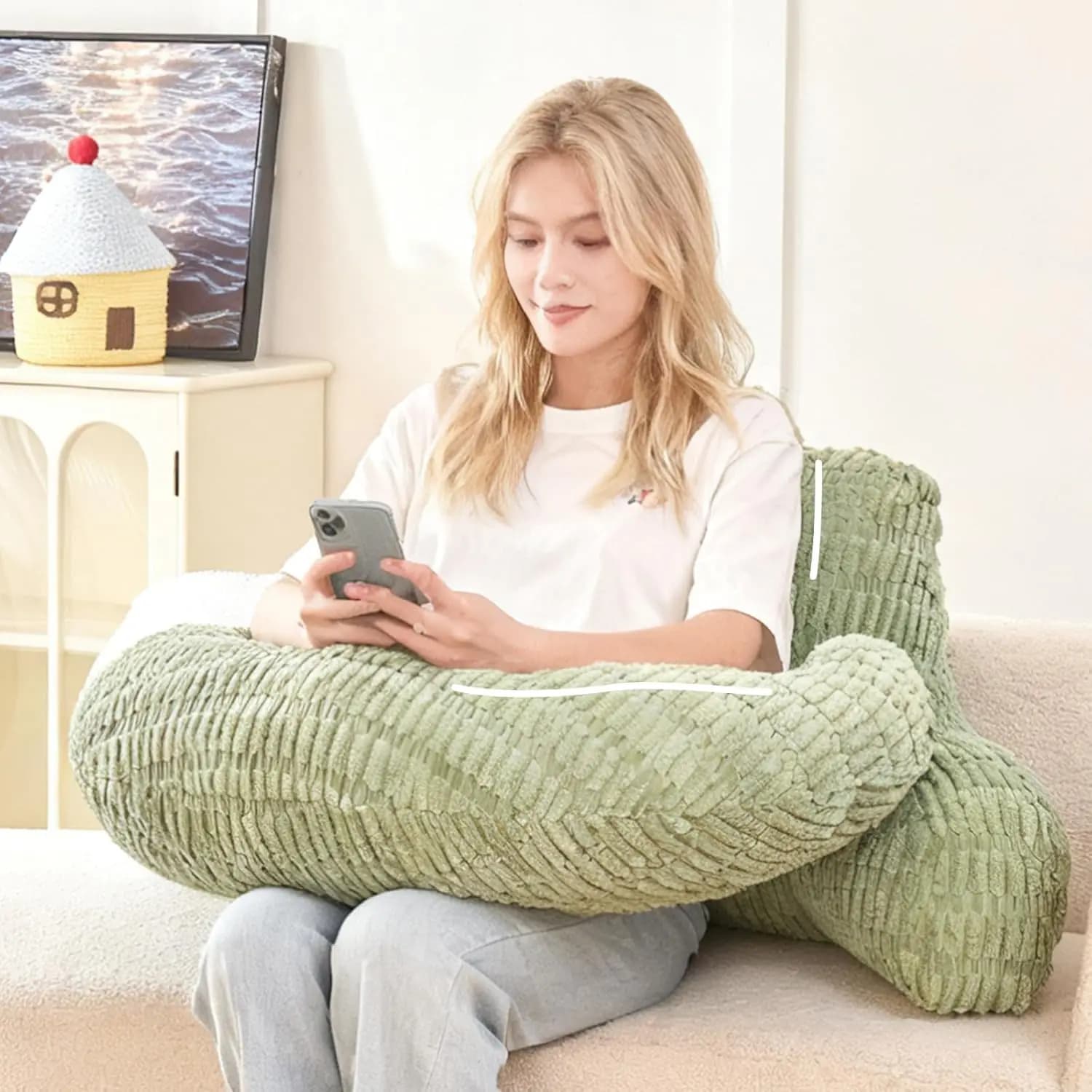 Cuscino di supporto a U per schiena e braccia, 48 cm, per letto e seduta, in tessuto di velluto a coste, verde