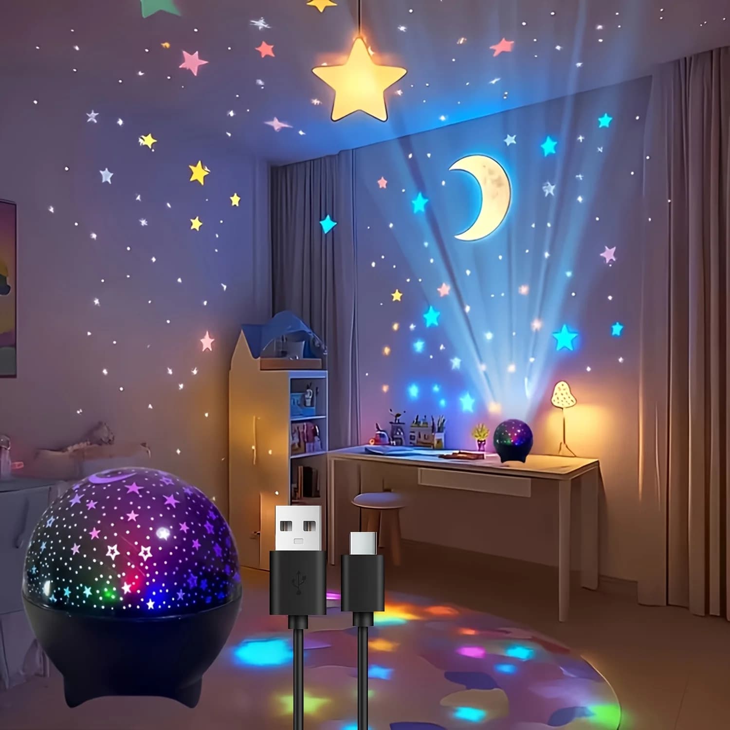 Lampada a proiezione stellare con 7 colori per camera da letto, sala giochi, soggiorno, luce notturna, tema fantasy, installazione desktop, USB