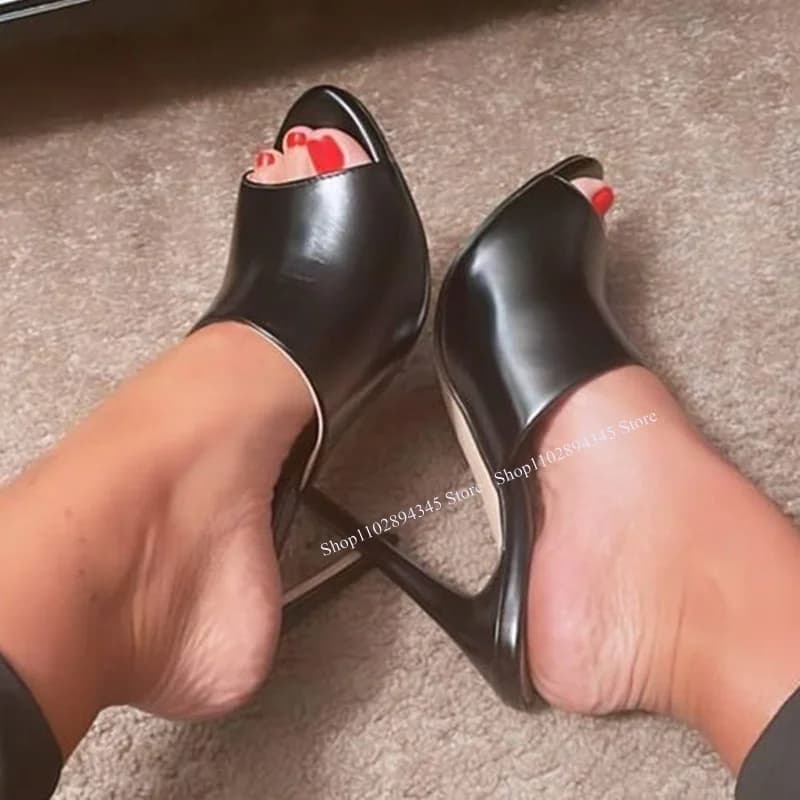 Black Slip On Hollow Leather Slippers Thin High Heel Peep Toe Fashionable Sexy Cool Summer Big Size Woman Shoes Zapatillas Mujer