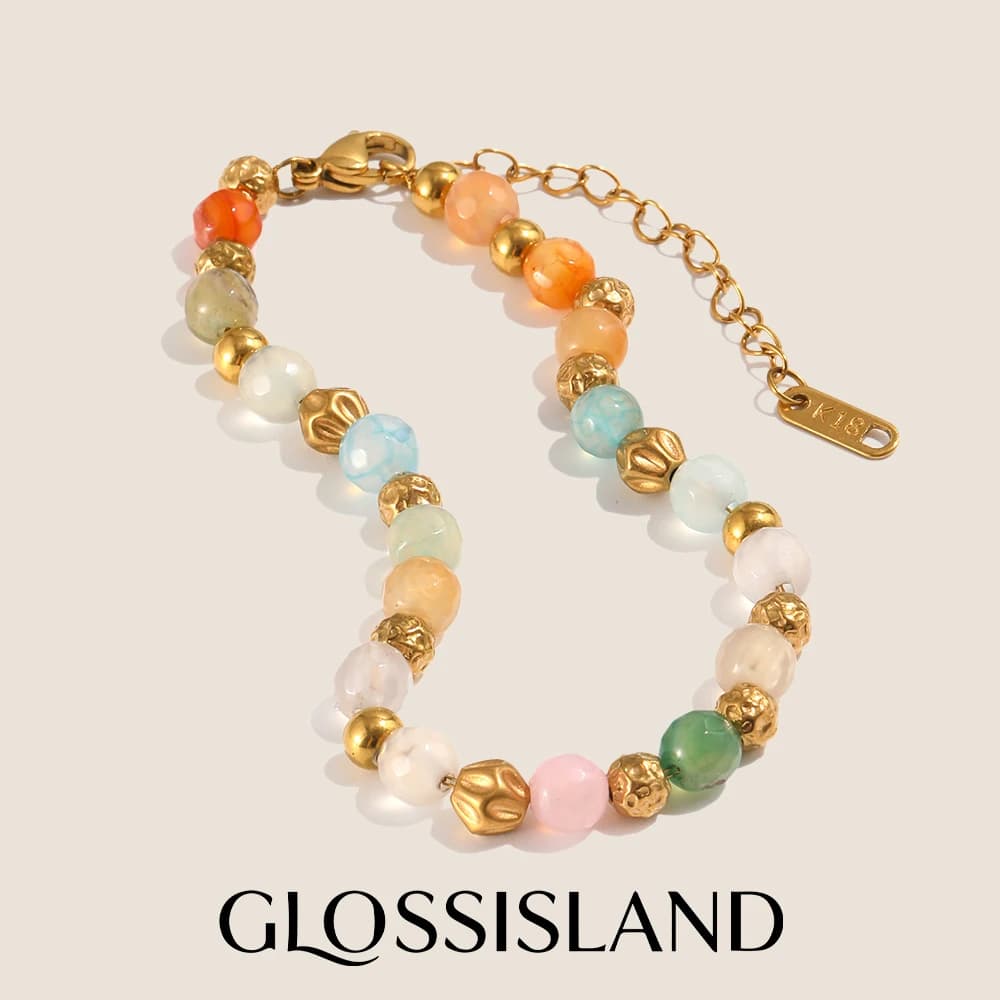 Glossisland 316L Stainless Steel Multicolor Natural Stone Bead Bracelet 18K Gold Plated Waterproof Vacation Jewelry For Women
