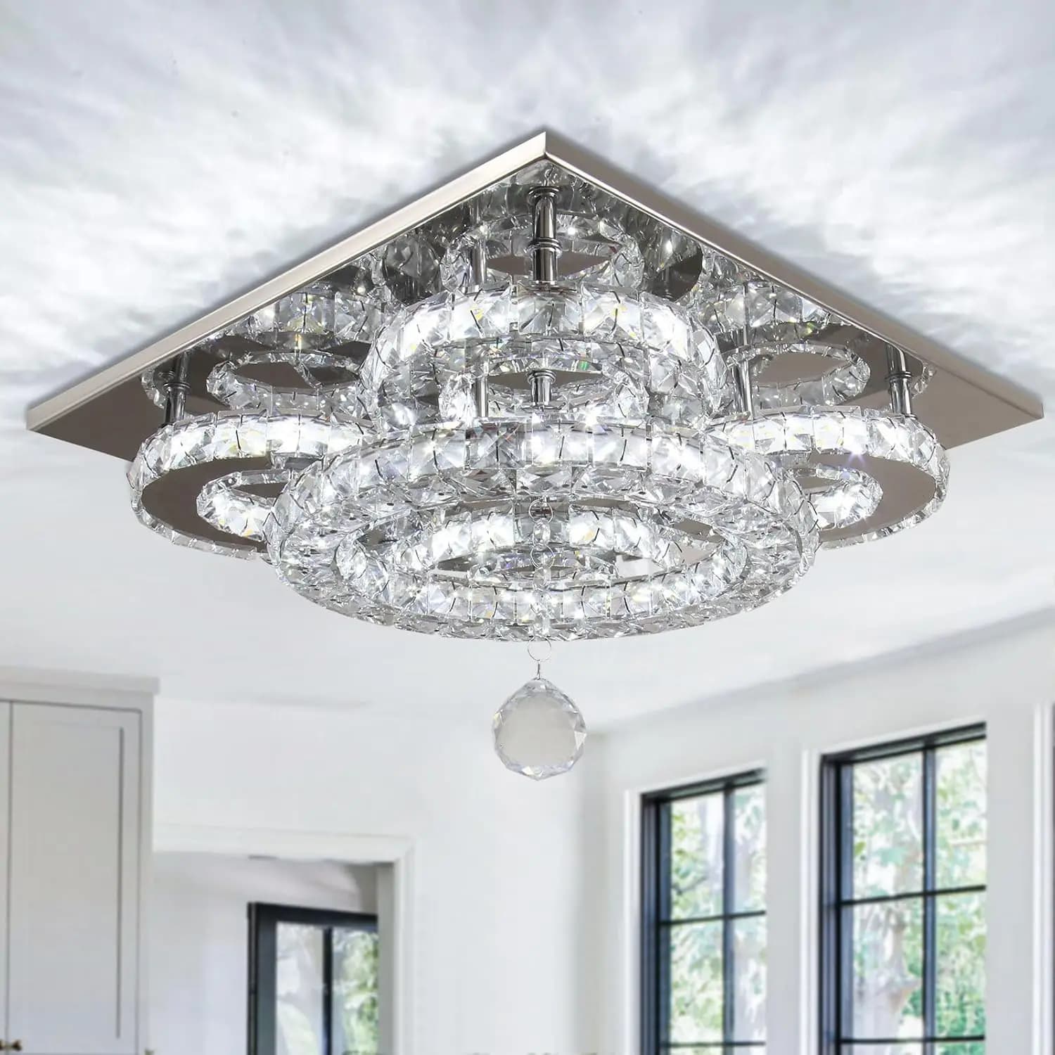 Moderen Crystal Chandelier Five Rings LED Crystal Ceiling Light Flush Mount Stainless Steel Pendant Ceiling Lamp for Living Room