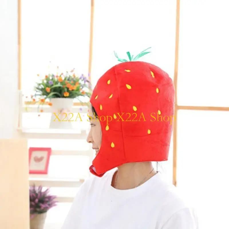 Unique Strawberry Mask Hat for Adults Scarf Plush Cartoon Headgear Photo Props