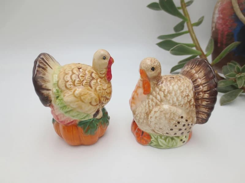 Set di sale e pepe in ceramica di tacchino, dipinto a mano, per il ringraziamento e il natale