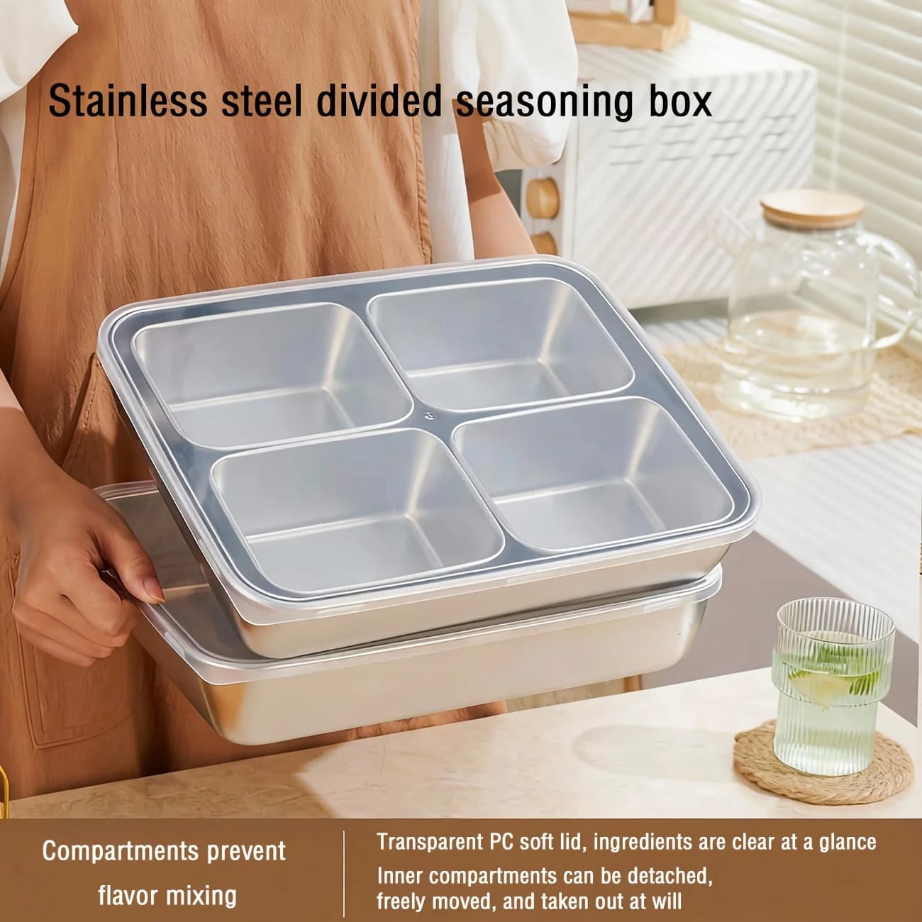 5-Piece Stainless Steel Condiment Set, Easy-Clean Divided Containers, Transparent Lid, Ideal for Home Kitchen Restaurant