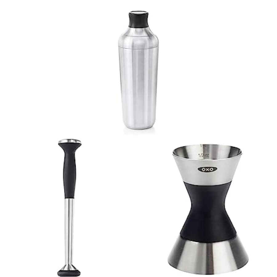 Shaker per Cocktail in Acciaio e Muddler con Testa in Nylon Anti-Graffio e Impugnatura Morbida Antiscivolo, Argento, 9 Pollici e Doppio Jigger