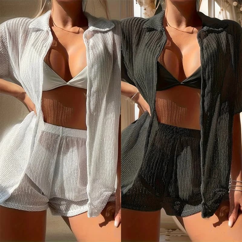 Nuovo costume da bagno, bikini sexy, set di pantaloncini da donna alla moda, camicia da spiaggia, set casual