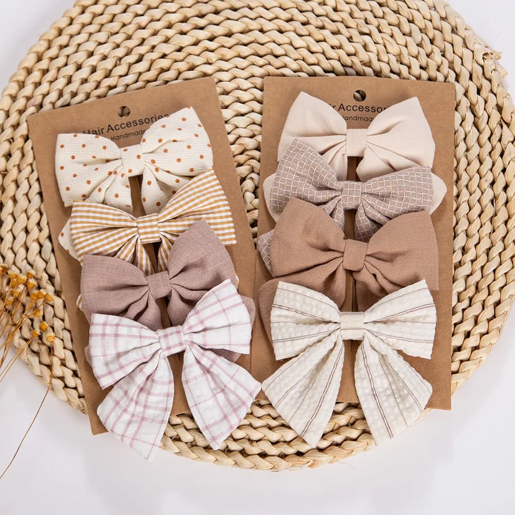 Set di 4 fermagli per capelli da bambina in lino e cotone, con fiocchi, per coda di cavallo, con stampa a quadri, fiori e pois, stile coreano, accessori per capelli per bambini