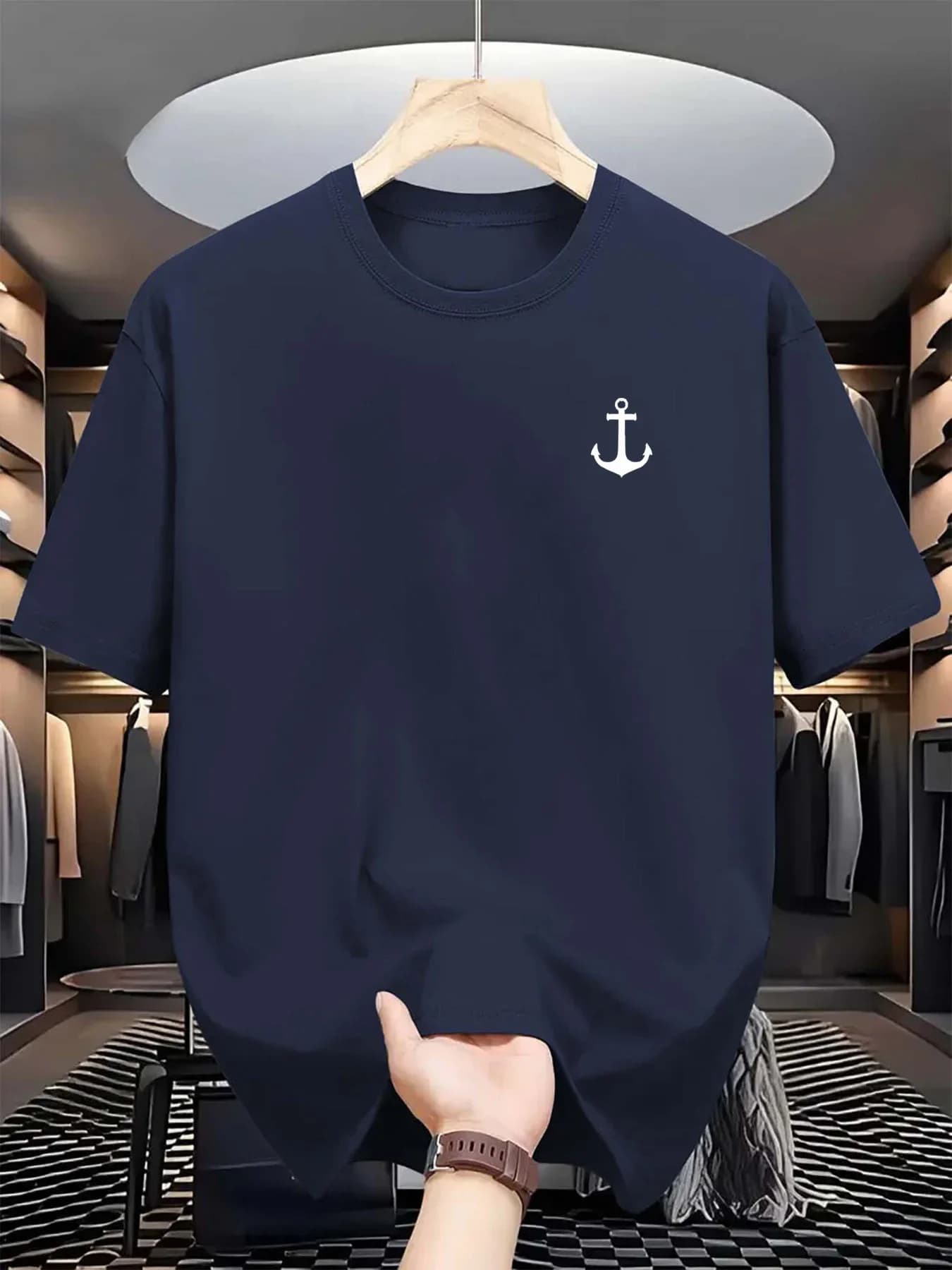 T-shirt estiva da uomo alla moda, casual, classica, con stampa di ancora, sportiva, girocollo, a maniche corte