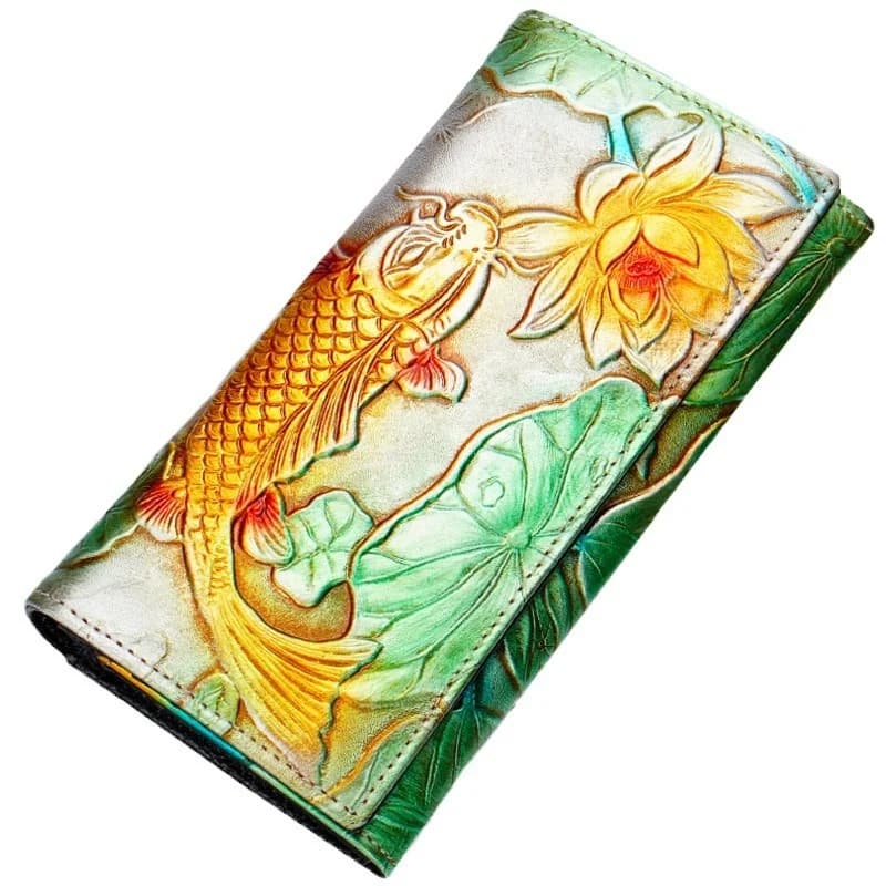 RFID borsa in vera pelle da donna porta carte di credito portafoglio in pelle di mucca lunga pochette da donna con motivo a pesce in rilievo 3D