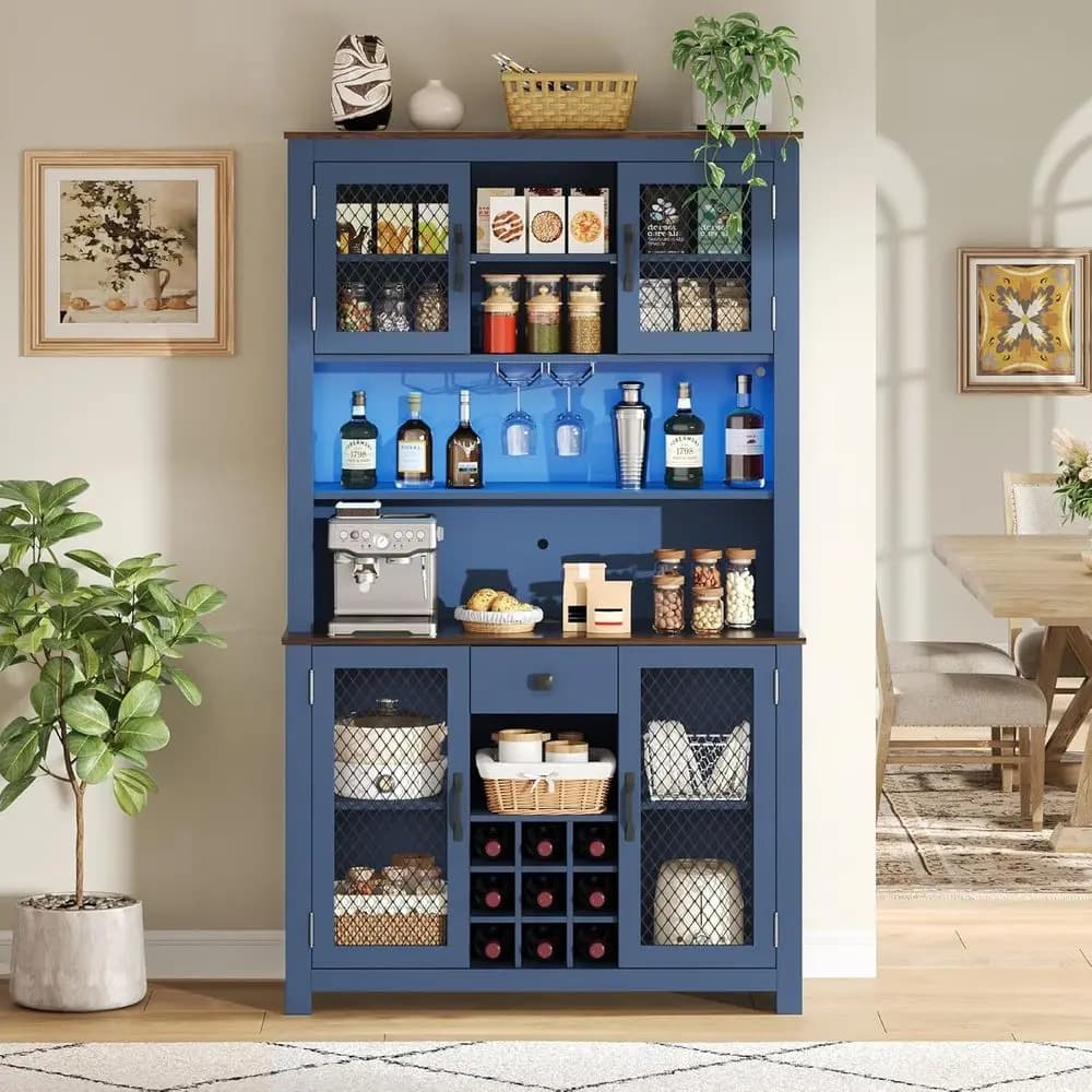 Mobile dispensa rustico blu navy con LED, prese, USB, piano d'appoggio, portabottiglie, portabicchieri, ripiani regolabili