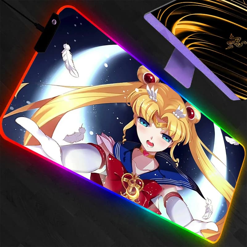 Tappetino per mouse RGB Sailor Moon con retroilluminazione, grande, per PC, computer, giocatori, accessori da gioco, tappetino per mouse a LED, tappetino per tastiera, tappeto da scrivania, anime