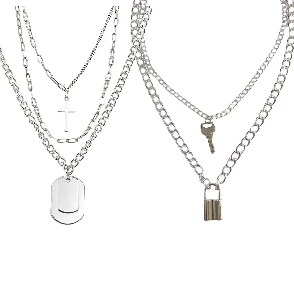 2 Pezzi Collana con Ciondolo a Croce e Lucchetto, Elegante Gioiello Regalo per Donne, Accessorio alla Moda per la Clavicola, Argento