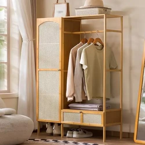 Minimalist Bamboo Free Standing Clothes Rack with Rattan Doors & Drawers, Open Wardrobe Organizer with Storage Shelves