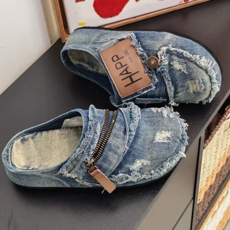 Scarpe Slip-On da Donna in Denim Lavato con Punta in Metallo e Tacco Piatto, Stile Vintage, Casual, Traspiranti, Suola in Gomma, Comode per Tutto il Giorno